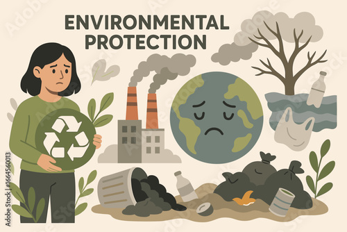 Environmental protection concept. Woman holding recycle symbol. Sad planet Earth suffering from industrial factory smoke, plastic waste, garbage pollution. Ecology vector cartoon.