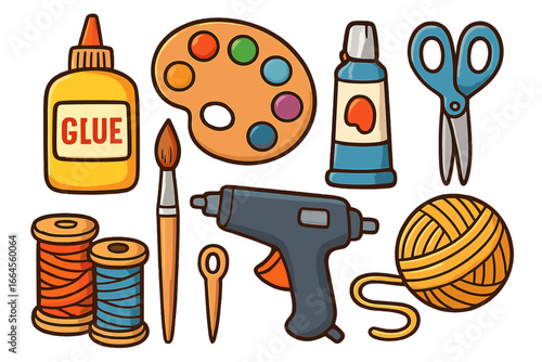 Art and craft supplies set for creative hobby projects. Vector cartoon illustration of tools like paint, palette, brush, scissors, yarn, hot glue gun, and thread for DIY.