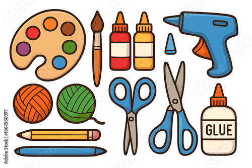 Art and craft supplies set for creative projects. Vector cartoon illustration of tools for DIY, school, and handmade hobbies. Includes paint, palette, brush, scissors, and glue.
