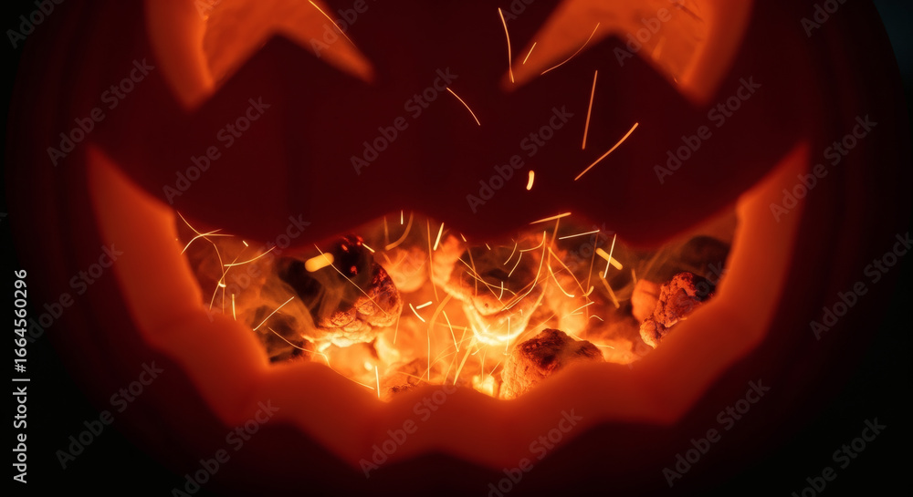 Fototapeta premium Close-up of a carved jack-o-lantern with lit flames inside, against a dark background.