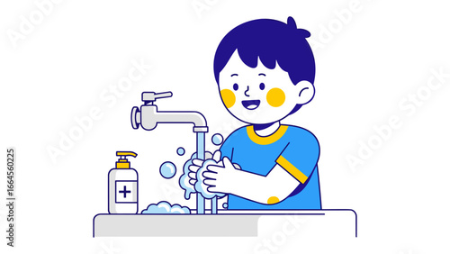 Cute cartoon boy washing hands at sink with soap and water, promoting hygiene and health