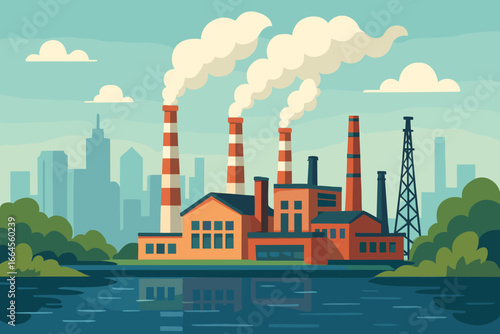 Industrial factory with smoking chimneys on a lake, symbolizing air pollution and environmental issues. City skyline background. Modern flat vector cartoon illustration concept.
