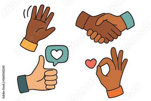 Set of diverse hand gestures. Multicultural hands showing handshake, thumbs up, wave, OK sign. Communication, connection, love, and agreement concept. Vector cartoon icons.