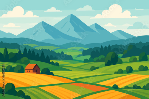 Farm landscape with colorful fields and mountains. Natural rural countryside scenery with meadows, forest, and house. Vector illustration concept for agriculture or eco tourism.
