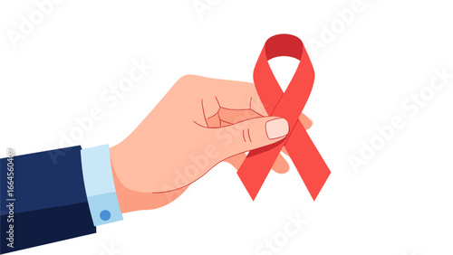 Hand holding a red ribbon symbolizing AIDS awareness and prevention