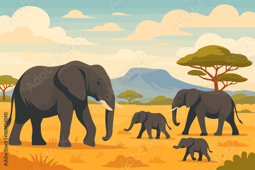 Elephant family in Africa. Herd of elephants in the wild savanna. African landscape with animals on safari. Wildlife nature travel concept. Modern flat vector cartoon illustration.