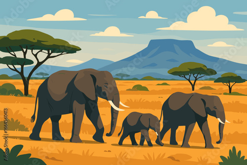 Elephant family walking in the African savanna. Wild animals on safari tour. Beautiful nature landscape with mountain view, and acacia trees. Wildlife adventure travel concept.