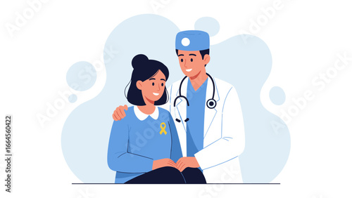 Doctor comforting a young patient with a yellow ribbon for childhood cancer awareness