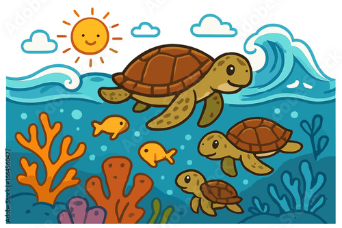 Cute turtle family swimming in ocean. Cartoon vector of underwater world with sea turtles, fish, corals, waves. Marine wildlife on a sunny day. Sea life illustration for kids.