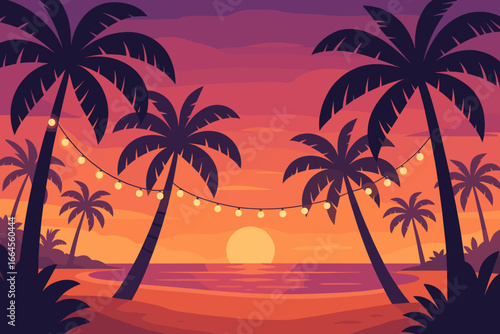 Tropical beach sunset with palm tree silhouettes. Paradise island evening sea landscape with string party lights. Vector flat illustration for summer vacation or travel background.