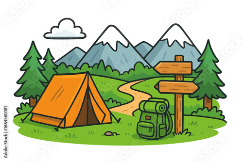 Camping adventure in nature with tent and backpack. Hiking trail in mountains. Vector landscape for travel and tourism. Outdoor summer vacation concept with wooden signpost. Explore.