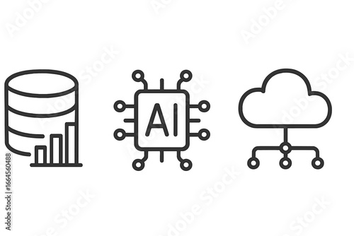 Data analysis line icon set with database, AI artificial intelligence and cloud computing linear icons. Big data analytics, server storage, machine learning vector symbol collection.