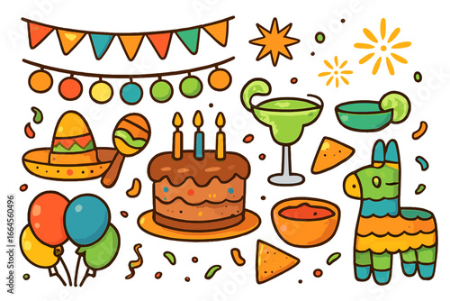 Set of Mexican fiesta elements for Cinco de Mayo. Cartoon vector icons for party celebration. Collection includes piñata, sombrero, maracas, cake, margarita and nachos food.
