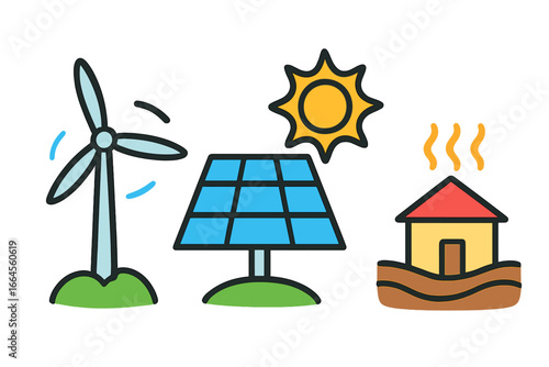 Sustainable energy icon set showing wind, solar, and geothermal power sources. Renewable resources vector illustration. Windmill, solar panel, and geothermal heating concept icons.