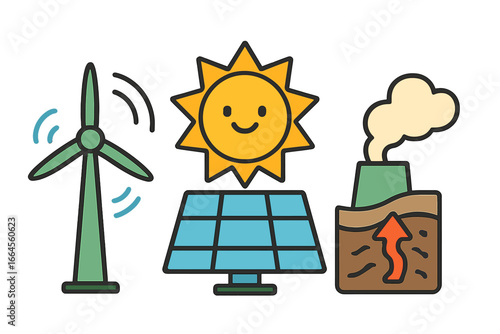 Set of sustainable energy icons. Wind turbine, solar panel and sun, geothermal power symbols. Renewable, green, alternative energy concept. Vector cartoon flat illustration.