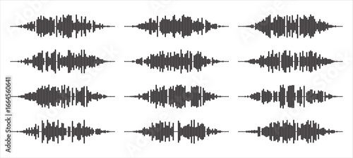 Audio wave tune print, voice message, podcast audio recording. Vector audio player soundwave visualization or voice message sound wave. Podcast audio streaming. Music, sound concept.