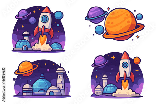Vector set of space exploration themes. Cartoon rocket launching from a futuristic settlement. Colorful planets, stars, and a space colony. Cute cosmos illustration for science.