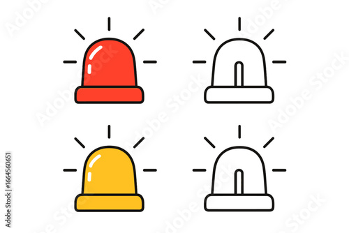 Emergency siren icon set. Flashing alert light collection for ambulance, police, or fire truck. Red and yellow alarm flasher vector icons in flat and outline cartoon style.