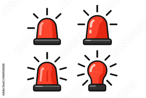 Emergency siren vector icon set. Red alert flasher light and alarm bulb collection. Ambulance or police car signal. Cartoon illustration of a warning attention beacon for danger.
