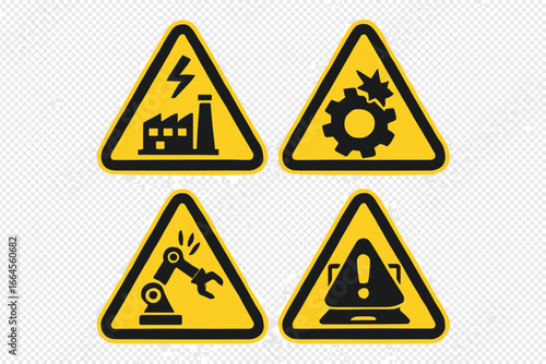 Set of industrial warning signs. Factory hazard symbols. Mechanical failure, robotic arm malfunction, power outage icons. Workplace safety concept vector illustration collection.