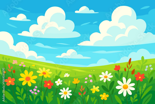 Vibrant summer landscape with green meadows, rolling hills, and colorful wildflowers. Idyllic sunny day scene with a bright blue sky and fluffy clouds. Flat vector background.