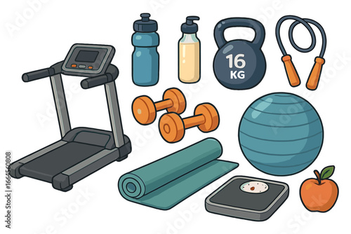 Fitness and sport equipment icon set for gym workout. Vector illustration of treadmill, dumbbell, kettlebell, mat, scale. Healthy lifestyle, cardio, weight loss concept.