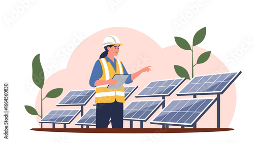 A female engineer inspecting a solar panel farm for a sustainable green energy project