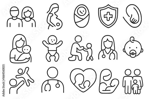 Family and maternity line icon set. Parenting, pregnancy and newborn baby care icons. Pediatrics, health care and medical symbols. Vector outline pictogram collection for web.