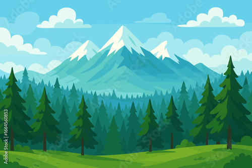 Cartoon mountain landscape with pine forest and snowy peaks. Vector panoramic nature scene with green hills, blue sky, and clouds. Concept for travel, adventure, hiking, background.