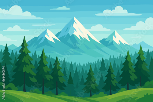 Panoramic mountain landscape with pine forest and snow-capped peaks. Vector illustration of a summer nature scene. Concept for travel, hiking, and wilderness adventure background.