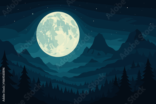Full moon over mysterious landscape of mountains and forests. Halloween vector landscape with scary mountains, full moon, starry sky. Night nature scenery background concept.