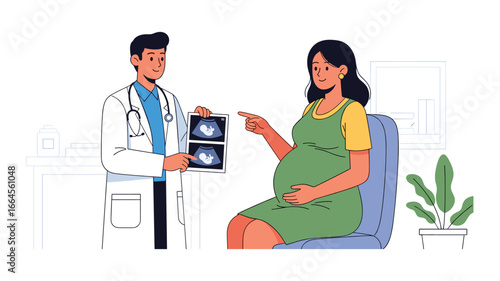 Ultrasound Checkup Doctor Explains Fetal Scan to Expectant Mother in Consultation