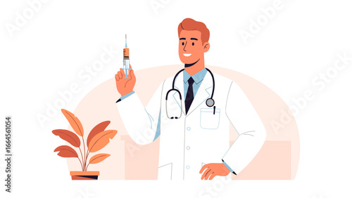 Medical Professional Holds Syringe in a Cartoon Illustration, Ready to Inject Patient