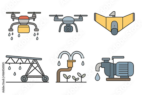 Smart farming icon set with agriculture drones and water irrigation equipment. Agritech concept with quadcopter, sprayer, pump, and sprinkler vector icons for modern farming.