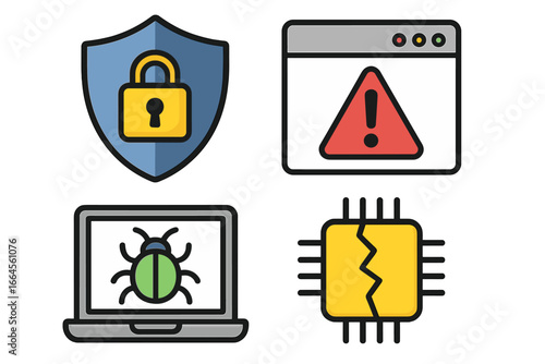 Cybersecurity vector icon set. Protection and vulnerability. Antivirus shield, computer virus bug, browser warning alert, hardware exploit. Internet safety, data privacy concepts.