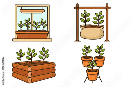 Gardening techniques vector set. Indoor and outdoor planting. Seedlings growing in pots, raised bed, grow bag, windowsill with grow light. Home garden. Urban farming concept.