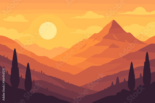 Italian mountain panorama at sunset with cypress tree silhouettes. Beautiful Tuscany nature landscape. Vector illustration for travel background, tourism, and serene evening view.