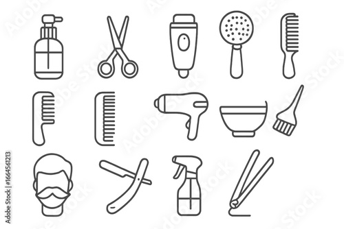 Hairdressing and barber tools outline icon set. Vector collection of salon equipment for grooming, cutting, and styling hair. Concepts for haircut, shave, and beauty.