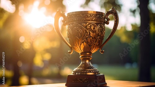 Ornate gold trophy in golden sunlight