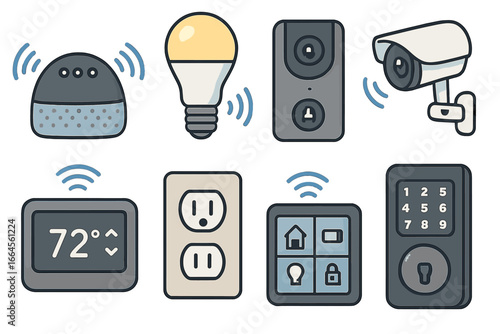 Smart home automation device icon set. Vector illustration of modern IoT technology. Features smart speaker, lightbulb, doorbell, camera, thermostat, outlet, remote, and door lock.
