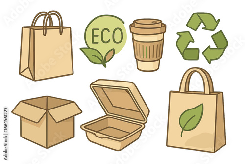 Eco friendly packaging set with paper bag, tote, coffee cup, box, and recycling symbol. Sustainable, zero waste containers for shopping and takeout. Vector icon collection.
