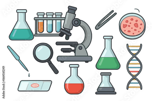 Science lab equipment icon set for biology and chemistry research. Vector cartoon illustration of laboratory tools like microscope, DNA helix, test tubes, and flasks for analysis.