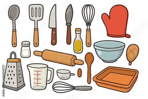 Set of kitchen tools for cooking and baking. Vector cartoon icons of cookware and utensils. Rolling pin, whisk, spatula, oven mitt, grater and knife illustration collection.