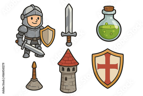 Set of medieval fantasy cartoon elements. Knight in armor with sword and shield, castle tower, magic potion, and crusader shield. Vector icons for RPG game assets.