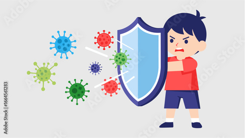 Boy in red shirt protecting himself with a shield from colorful viruses