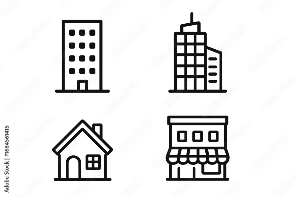 Building icon set. Modern line art collection of urban architecture. Real estate symbols. House, home, office, skyscraper, shop, store front. Minimalist vector illustration. Building icon set. Modern line art collection of urban architecture. Real estate symbols. House, home, office, skyscraper, shop, store front. Minimalist vector illustration.
