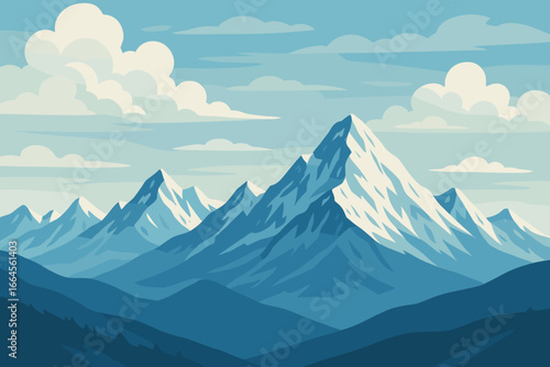 Vector landscape with snow-capped mountains and a cloudy sky. Beautiful peaks of a huge mountain range. Concept of mountaineering, climbing, hiking, travel, and adventure.