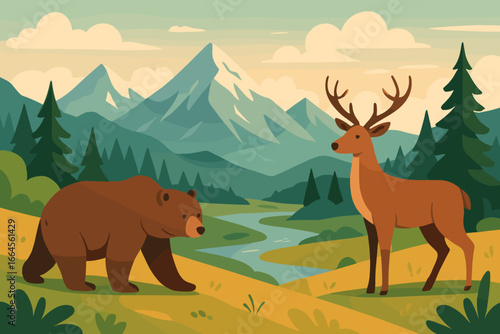 Mountain landscape with wild animals, a bear and a deer. Modern flat vector cartoon illustration. Nature and wildlife scenery. Concept for wilderness, conservation, ecosystem.