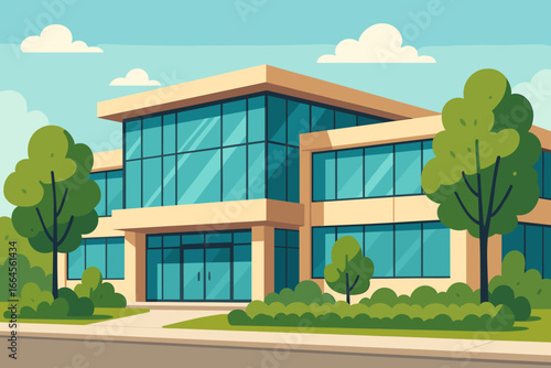 Modern office building exterior with glass windows. Corporate headquarters or business center facade. School, university or hospital architecture concept. Flat vector cartoon illustration.