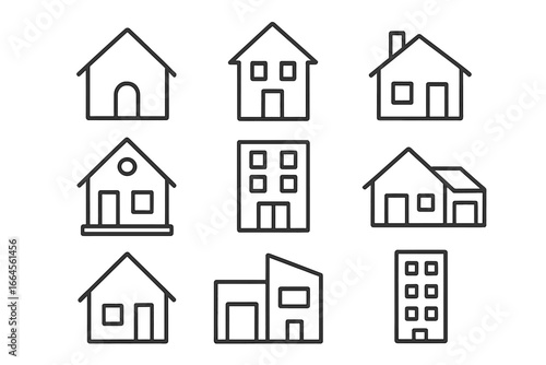 Home and building outline icon set for real estate and construction. Vector house, apartment, and property symbols. Simple architecture line art for web and print design.